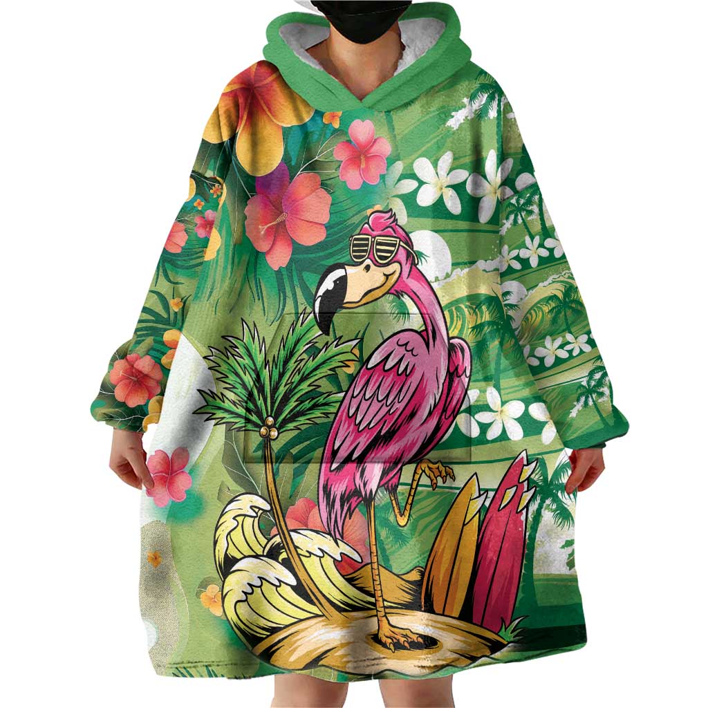 Hawaiian Flamingo Hibiscus Personalised Wearable Blanket Hoodie Green Summer Tropical Flowers - Polynesian Pride