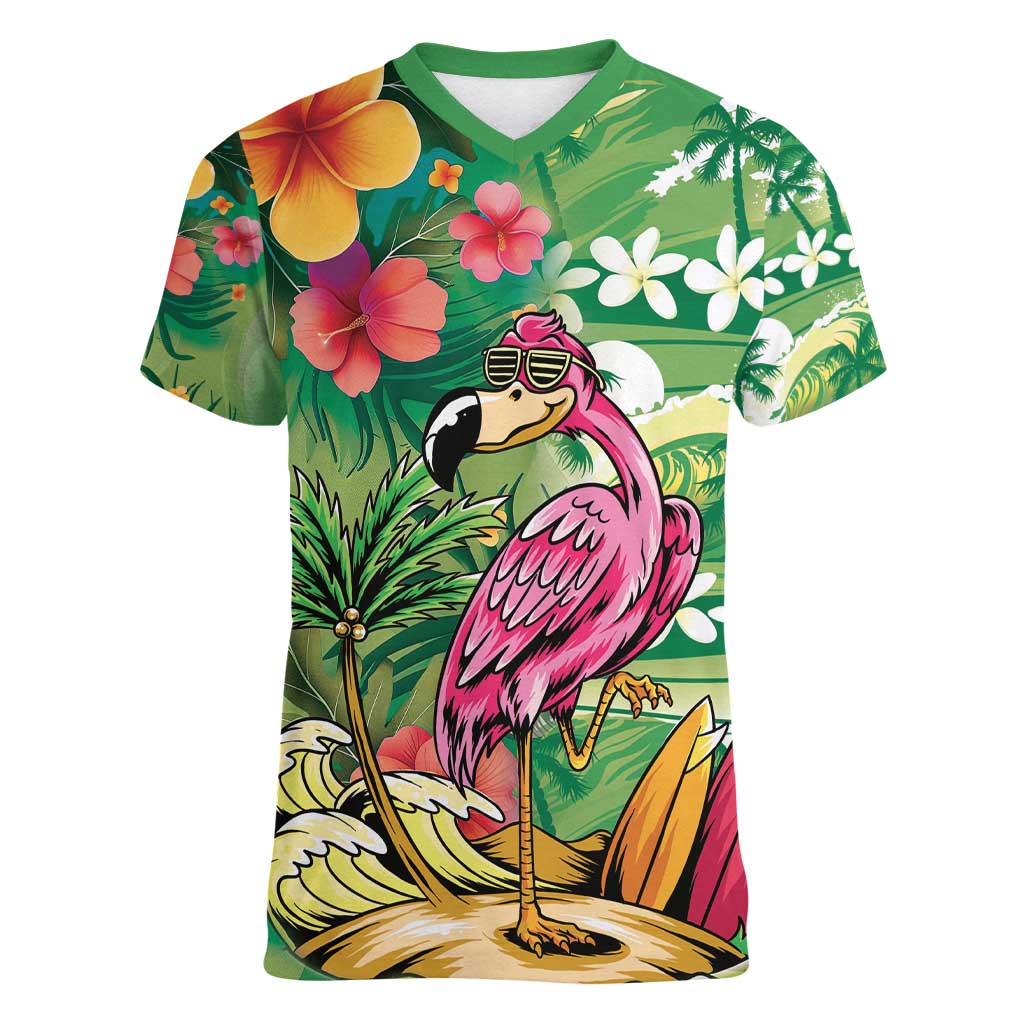 Hawaiian Flamingo Hibiscus Personalised Women V-Neck T-Shirt Green Summer Tropical Flowers - Polynesian Pride