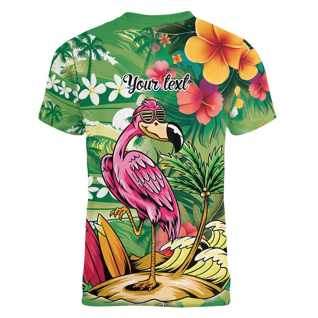 Hawaiian Flamingo Hibiscus Personalised Women V-Neck T-Shirt Green Summer Tropical Flowers - Polynesian Pride
