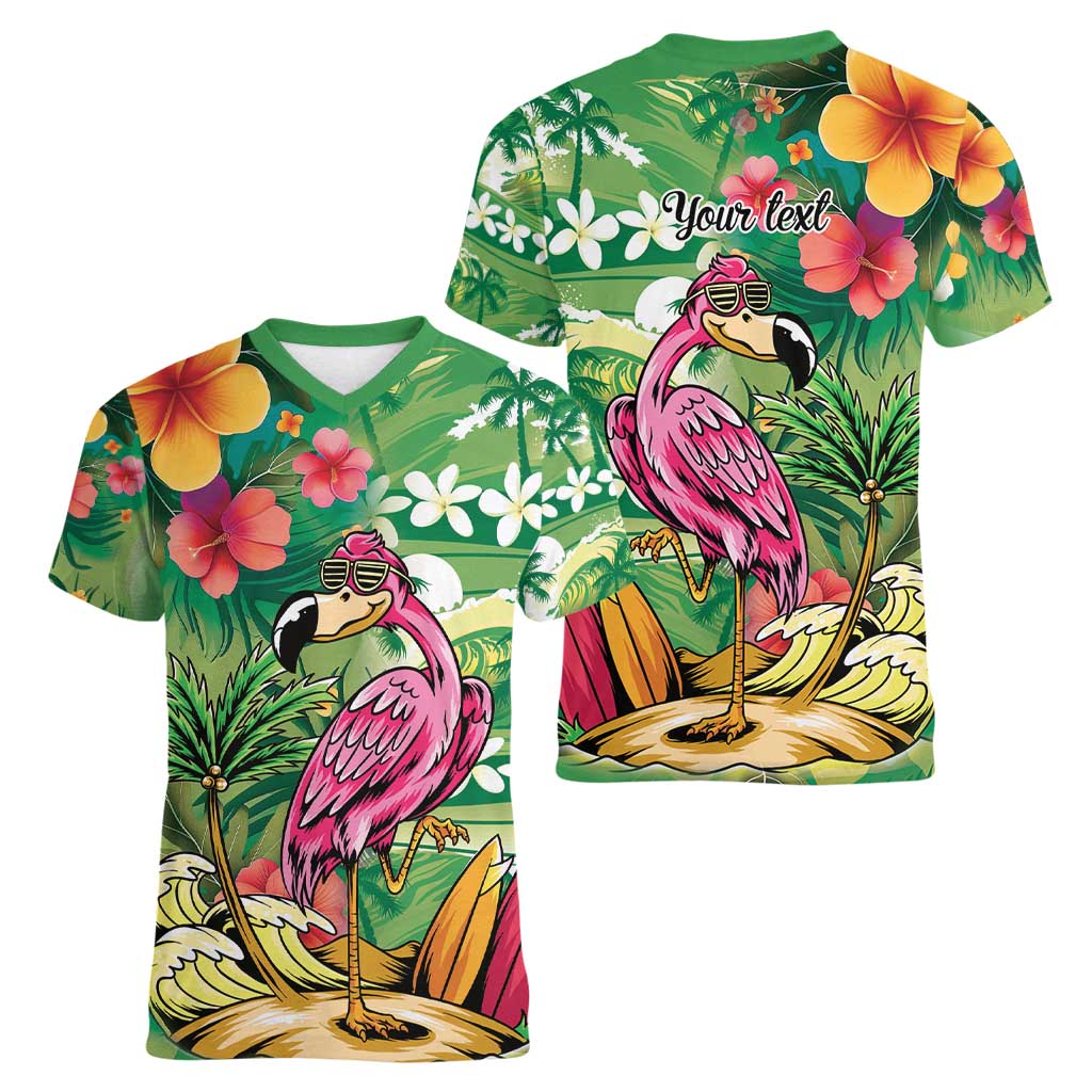 Hawaiian Flamingo Hibiscus Personalised Women V-Neck T-Shirt Green Summer Tropical Flowers - Polynesian Pride