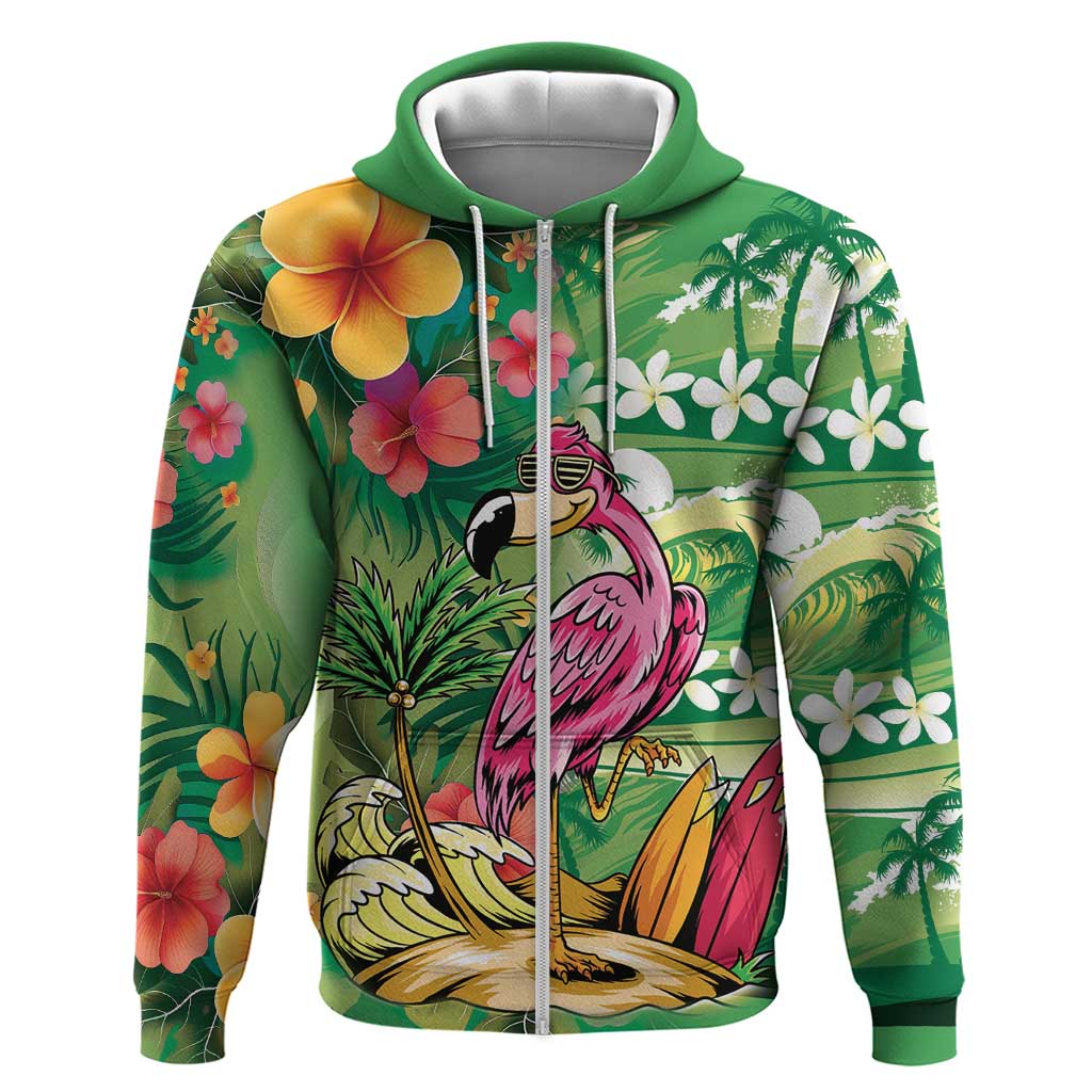 Hawaiian Flamingo Hibiscus Personalised Zip Hoodie Green Summer Tropical Flowers - Polynesian Pride