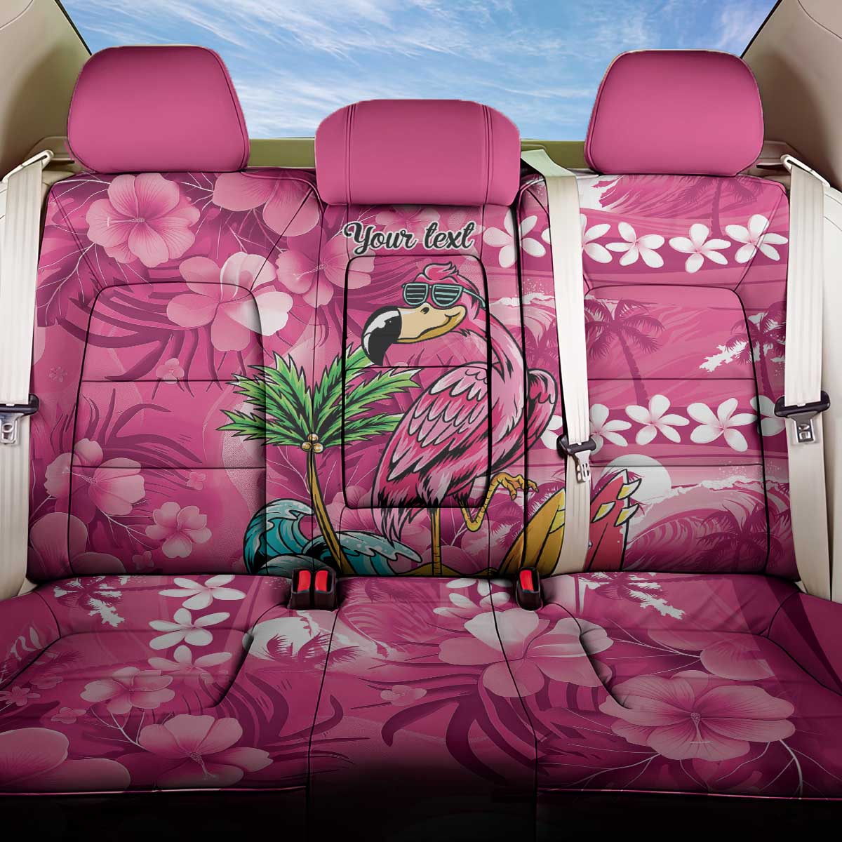 Hawaiian Flamingo Hibiscus Personalised Back Car Seat Cover Pink Summer Tropical Flowers - Polynesian Pride