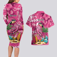Hawaiian Flamingo Hibiscus Personalised Couples Matching Long Sleeve Bodycon Dress and Hawaiian Shirt Pink Summer Tropical Flowers - Polynesian Pride
