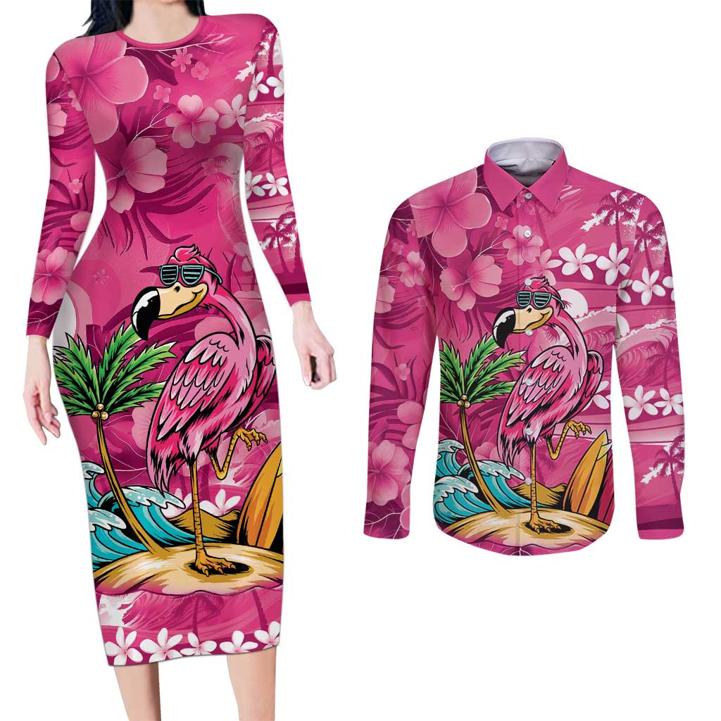 Hawaiian Flamingo Hibiscus Personalised Couples Matching Long Sleeve Bodycon Dress and Long Sleeve Button Shirt Pink Summer Tropical Flowers - Polynesian Pride