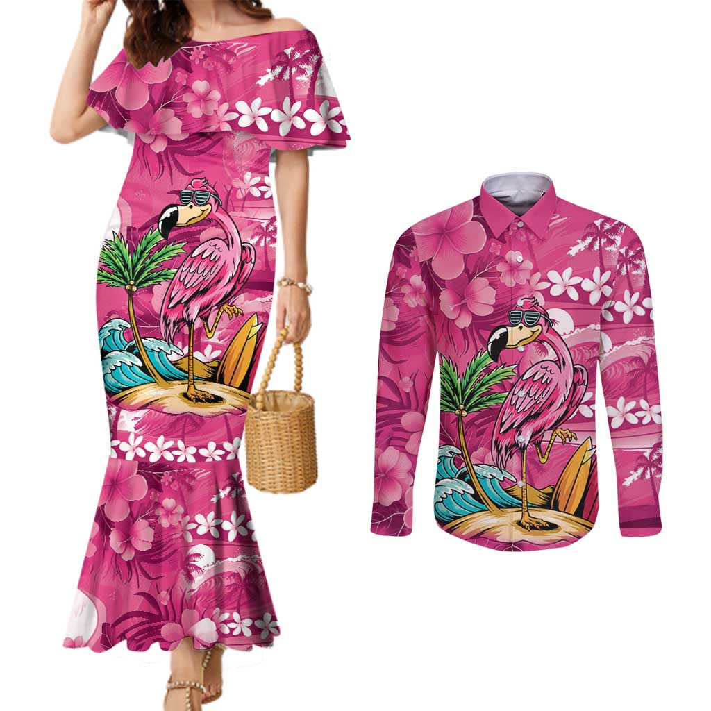 Hawaiian Flamingo Hibiscus Personalised Couples Matching Mermaid Dress and Long Sleeve Button Shirt Pink Summer Tropical Flowers - Polynesian Pride