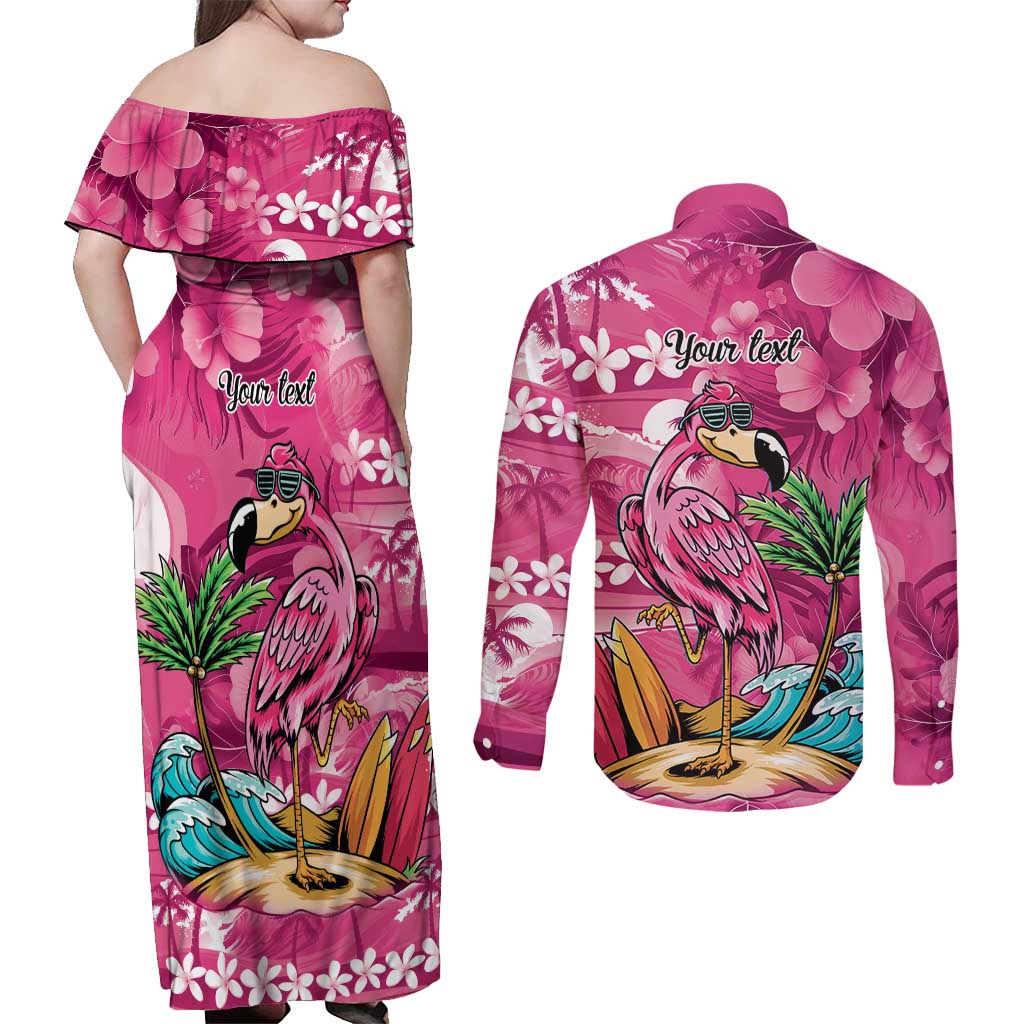 Hawaiian Flamingo Hibiscus Personalised Couples Matching Off Shoulder Maxi Dress and Long Sleeve Button Shirt Pink Summer Tropical Flowers - Polynesian Pride