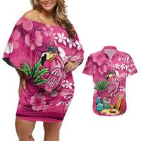 Hawaiian Flamingo Hibiscus Personalised Couples Matching Off Shoulder Short Dress and Hawaiian Shirt Pink Summer Tropical Flowers - Polynesian Pride