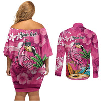 Hawaiian Flamingo Hibiscus Personalised Couples Matching Off Shoulder Short Dress and Long Sleeve Button Shirt Pink Summer Tropical Flowers - Polynesian Pride