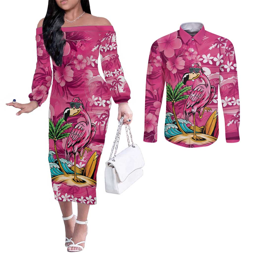 Hawaiian Flamingo Hibiscus Personalised Couples Matching Off The Shoulder Long Sleeve Dress and Long Sleeve Button Shirt Pink Summer Tropical Flowers - Polynesian Pride
