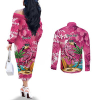Hawaiian Flamingo Hibiscus Personalised Couples Matching Off The Shoulder Long Sleeve Dress and Long Sleeve Button Shirt Pink Summer Tropical Flowers - Polynesian Pride