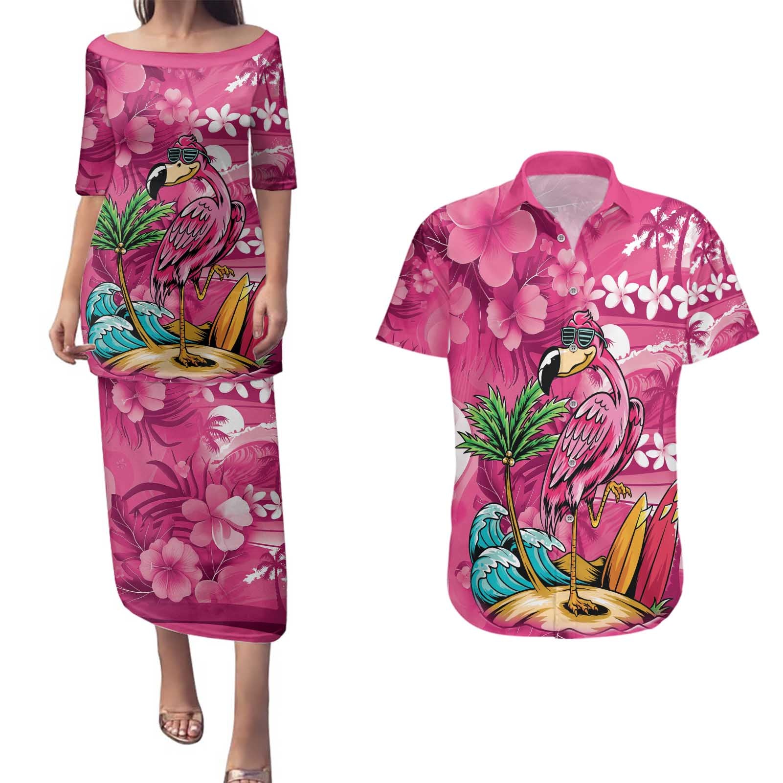 Hawaiian Flamingo Hibiscus Personalised Couples Matching Puletasi and Hawaiian Shirt Pink Summer Tropical Flowers - Polynesian Pride