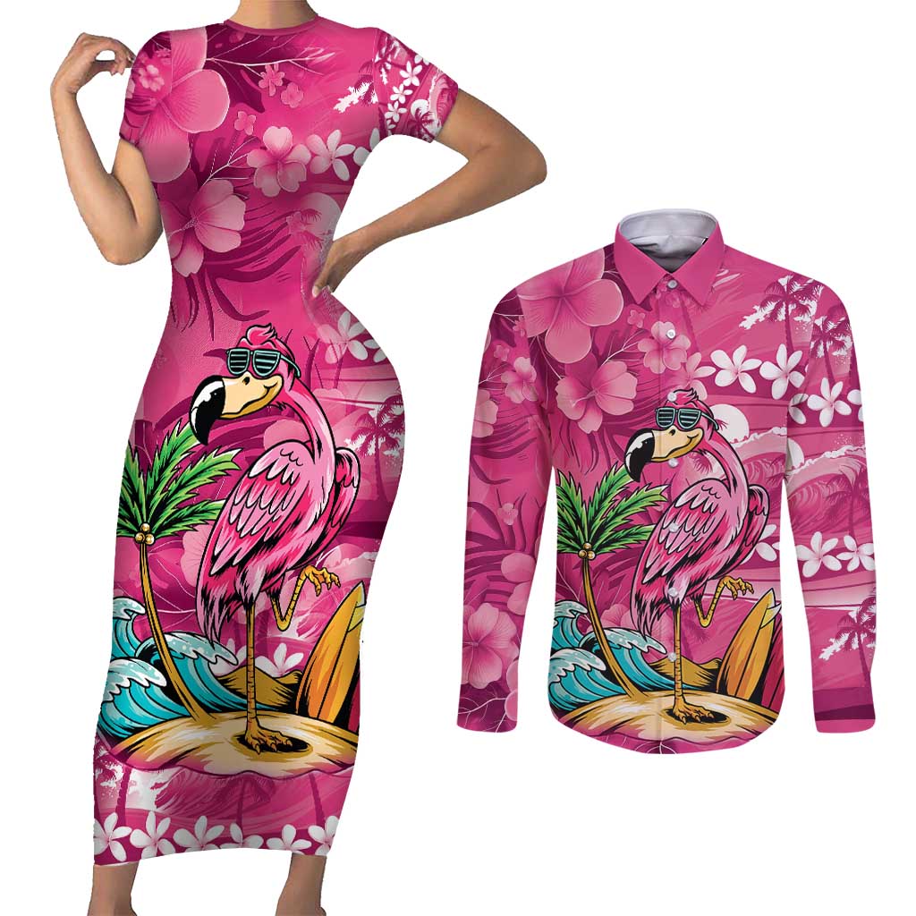Hawaiian Flamingo Hibiscus Personalised Couples Matching Short Sleeve Bodycon Dress and Long Sleeve Button Shirt Pink Summer Tropical Flowers - Polynesian Pride