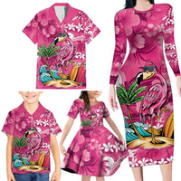 Hawaiian Flamingo Hibiscus Personalised Family Matching Long Sleeve Bodycon Dress and Hawaiian Shirt Pink Summer Tropical Flowers - Polynesian Pride
