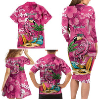 Hawaiian Flamingo Hibiscus Personalised Family Matching Long Sleeve Bodycon Dress and Hawaiian Shirt Pink Summer Tropical Flowers - Polynesian Pride