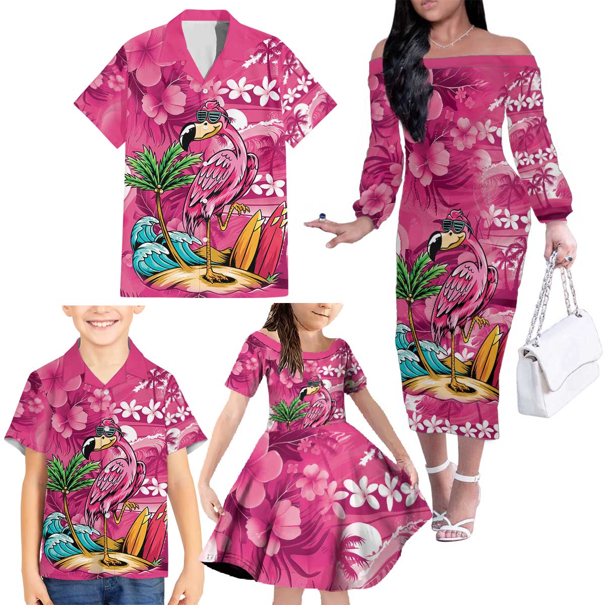 Hawaiian Flamingo Hibiscus Personalised Family Matching Off The Shoulder Long Sleeve Dress and Hawaiian Shirt Pink Summer Tropical Flowers - Polynesian Pride