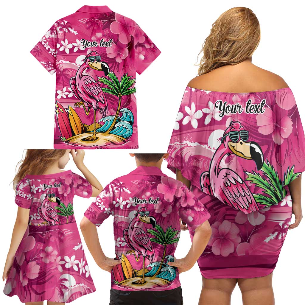 Hawaiian Flamingo Hibiscus Personalised Family Matching Off Shoulder Short Dress and Hawaiian Shirt Pink Summer Tropical Flowers - Polynesian Pride