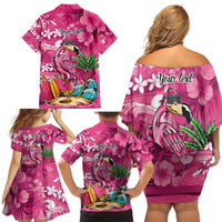 Hawaiian Flamingo Hibiscus Personalised Family Matching Off Shoulder Short Dress and Hawaiian Shirt Pink Summer Tropical Flowers - Polynesian Pride