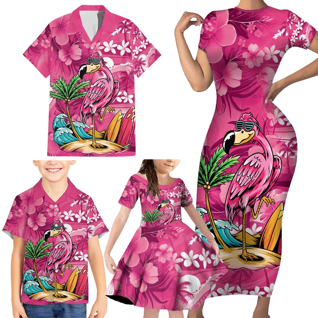 Hawaiian Flamingo Hibiscus Personalised Family Matching Short Sleeve Bodycon Dress and Hawaiian Shirt Pink Summer Tropical Flowers - Polynesian Pride