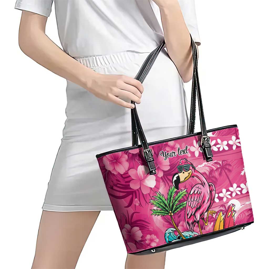 Hawaiian Flamingo Hibiscus Personalised Leather Tote Bag Pink Summer Tropical Flowers - Polynesian Pride