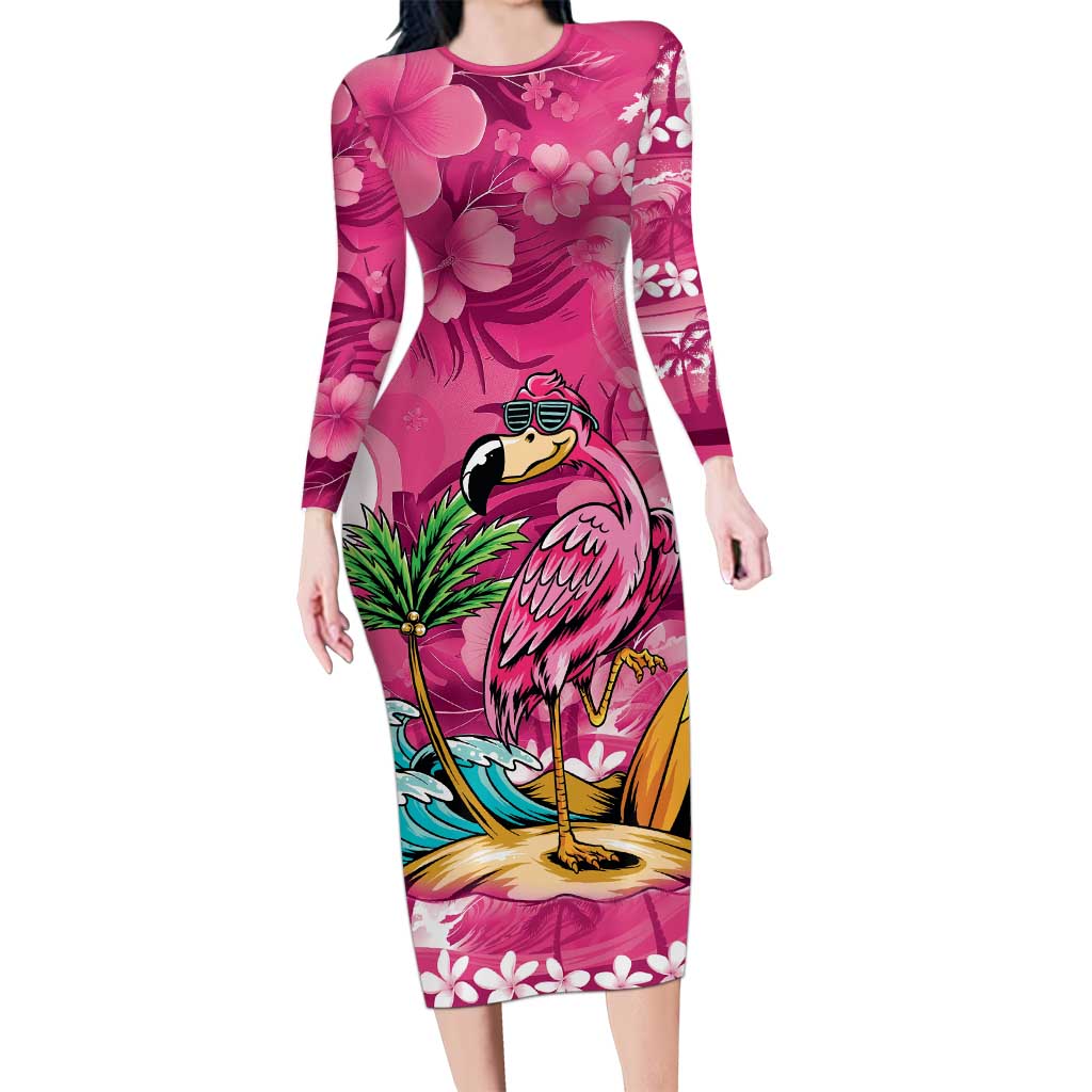 Hawaiian Flamingo Hibiscus Personalised Long Sleeve Bodycon Dress Pink Summer Tropical Flowers - Polynesian Pride