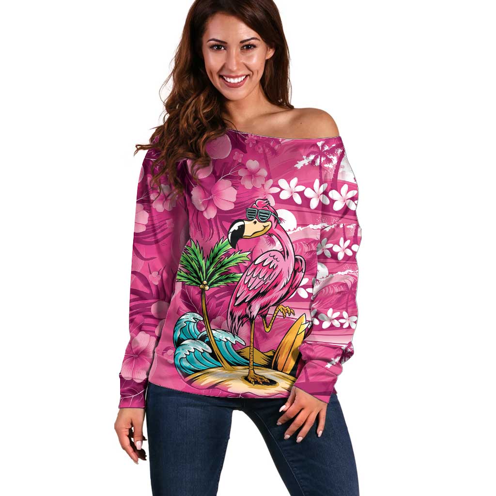 Hawaiian Flamingo Hibiscus Personalised Off Shoulder Sweater Pink Summer Tropical Flowers - Polynesian Pride