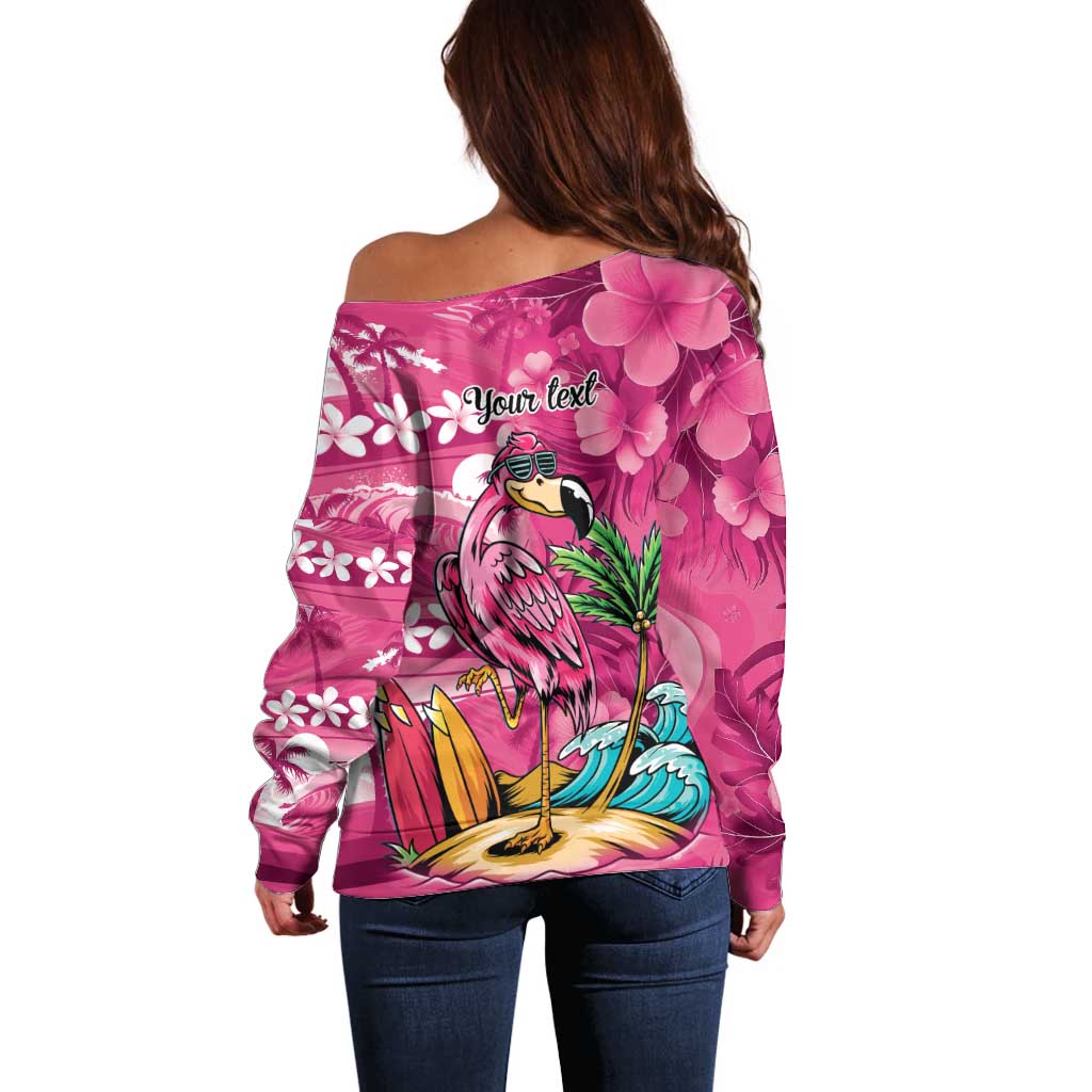 Hawaiian Flamingo Hibiscus Personalised Off Shoulder Sweater Pink Summer Tropical Flowers - Polynesian Pride