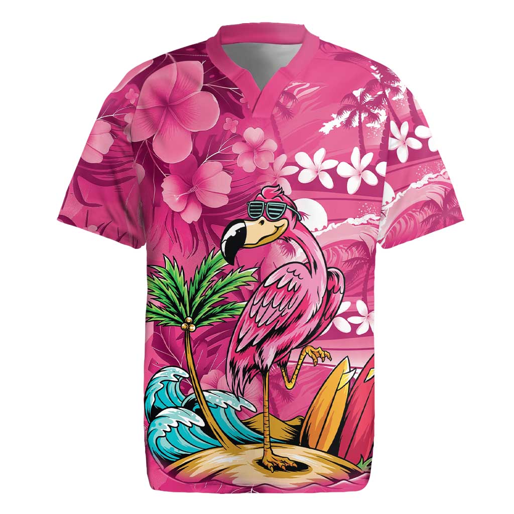 Hawaiian Flamingo Hibiscus Personalised Rugby Jersey Pink Summer Tropical Flowers - Polynesian Pride