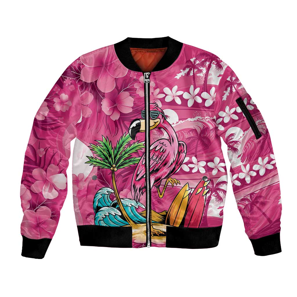 Hawaiian Flamingo Hibiscus Personalised Sleeve Zip Bomber Jacket Pink Summer Tropical Flowers - Polynesian Pride