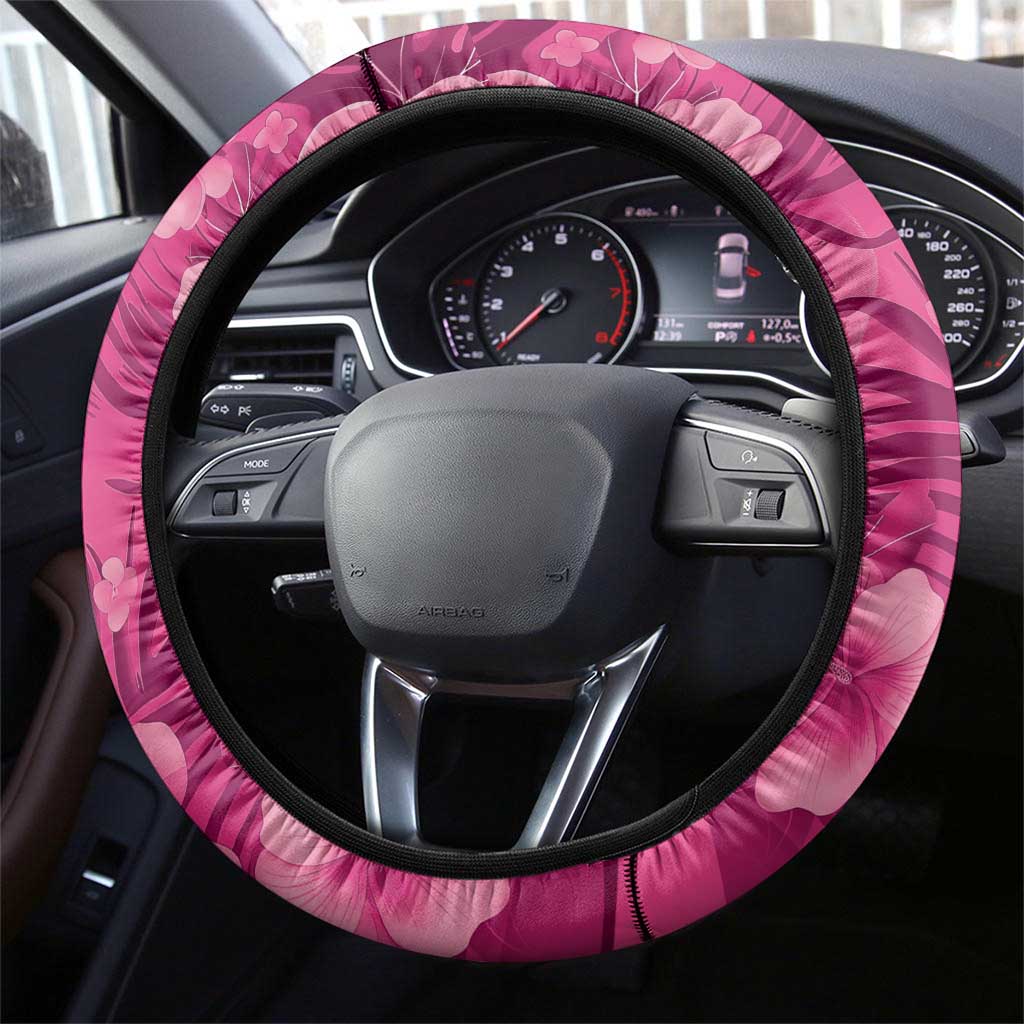 Hawaiian Flamingo Hibiscus Steering Wheel Cover Pink Summer Tropical Flowers - Polynesian Pride
