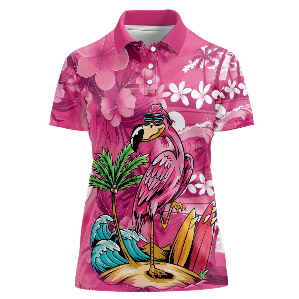 Hawaiian Flamingo Hibiscus Personalised Women Polo Shirt Pink Summer Tropical Flowers - Polynesian Pride