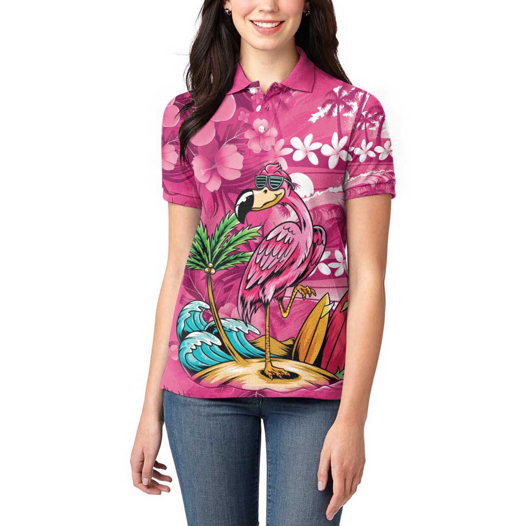 Hawaiian Flamingo Hibiscus Personalised Women Polo Shirt Pink Summer Tropical Flowers - Polynesian Pride