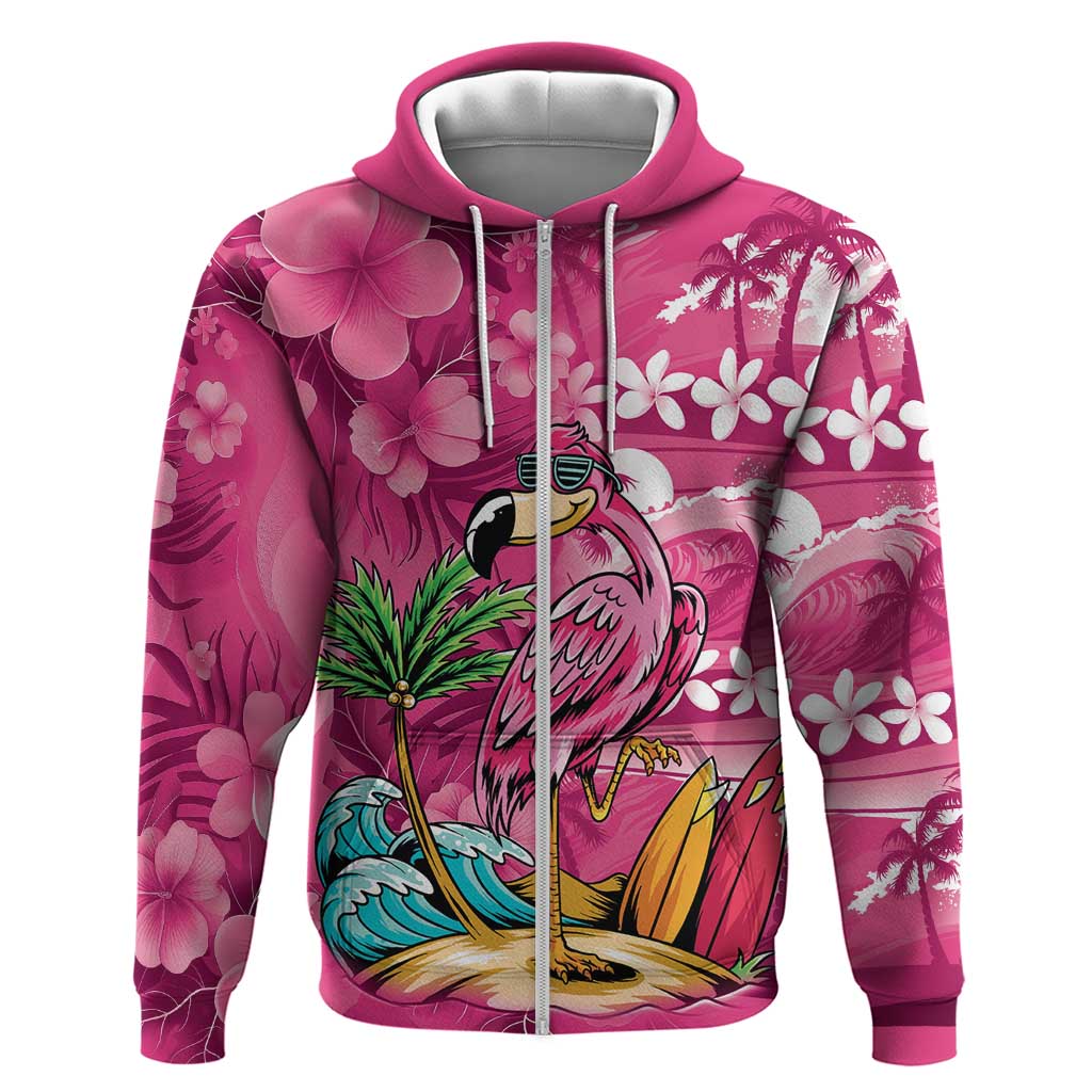 Hawaiian Flamingo Hibiscus Personalised Zip Hoodie Pink Summer Tropical Flowers - Polynesian Pride