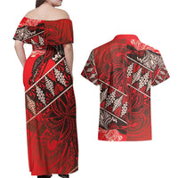 Vintage Ngatu Tribal Tonga Pattern Couples Matching Off Shoulder Maxi Dress and Hawaiian Shirt - Polynesian Pride