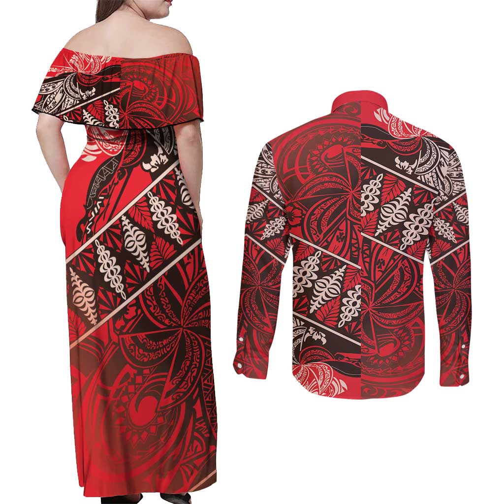 Vintage Ngatu Tribal Tonga Pattern Couples Matching Off Shoulder Maxi Dress and Long Sleeve Button Shirt - Polynesian Pride