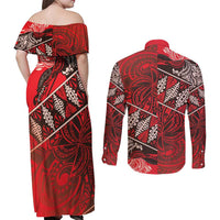 Vintage Ngatu Tribal Tonga Pattern Couples Matching Off Shoulder Maxi Dress and Long Sleeve Button Shirt - Polynesian Pride