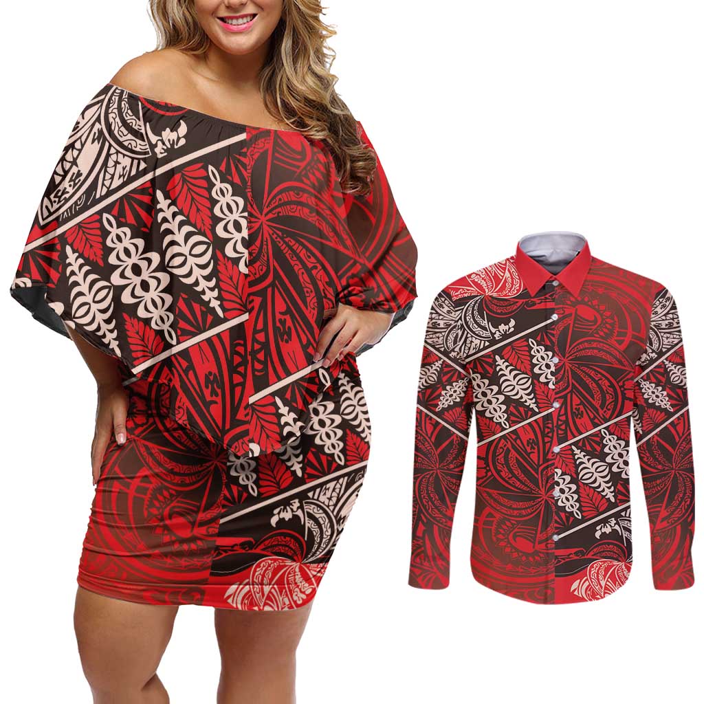 Vintage Ngatu Tribal Tonga Pattern Couples Matching Off Shoulder Short Dress and Long Sleeve Button Shirt - Polynesian Pride