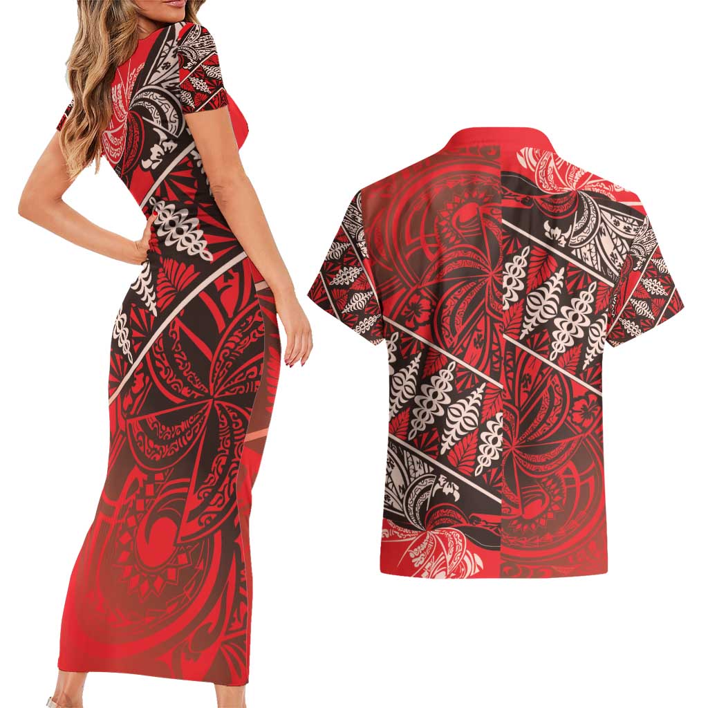 Vintage Ngatu Tribal Tonga Pattern Couples Matching Short Sleeve Bodycon Dress and Hawaiian Shirt - Polynesian Pride