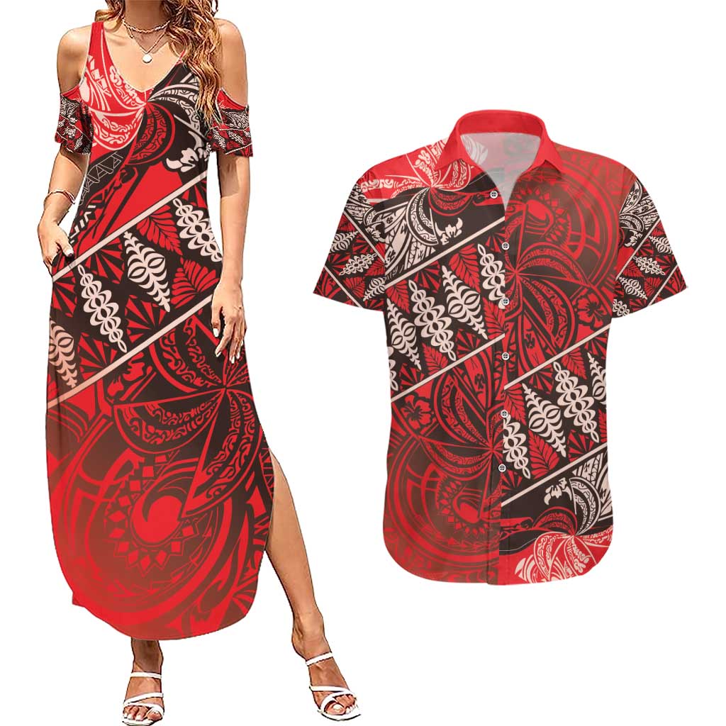 Vintage Ngatu Tribal Tonga Pattern Couples Matching Summer Maxi Dress and Hawaiian Shirt - Polynesian Pride