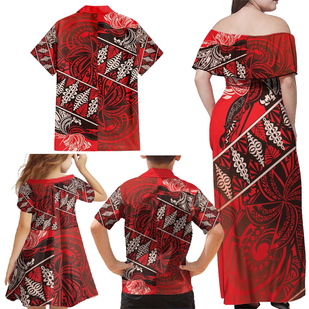 Vintage Ngatu Tribal Tonga Pattern Family Matching Off Shoulder Maxi Dress and Hawaiian Shirt - Polynesian Pride