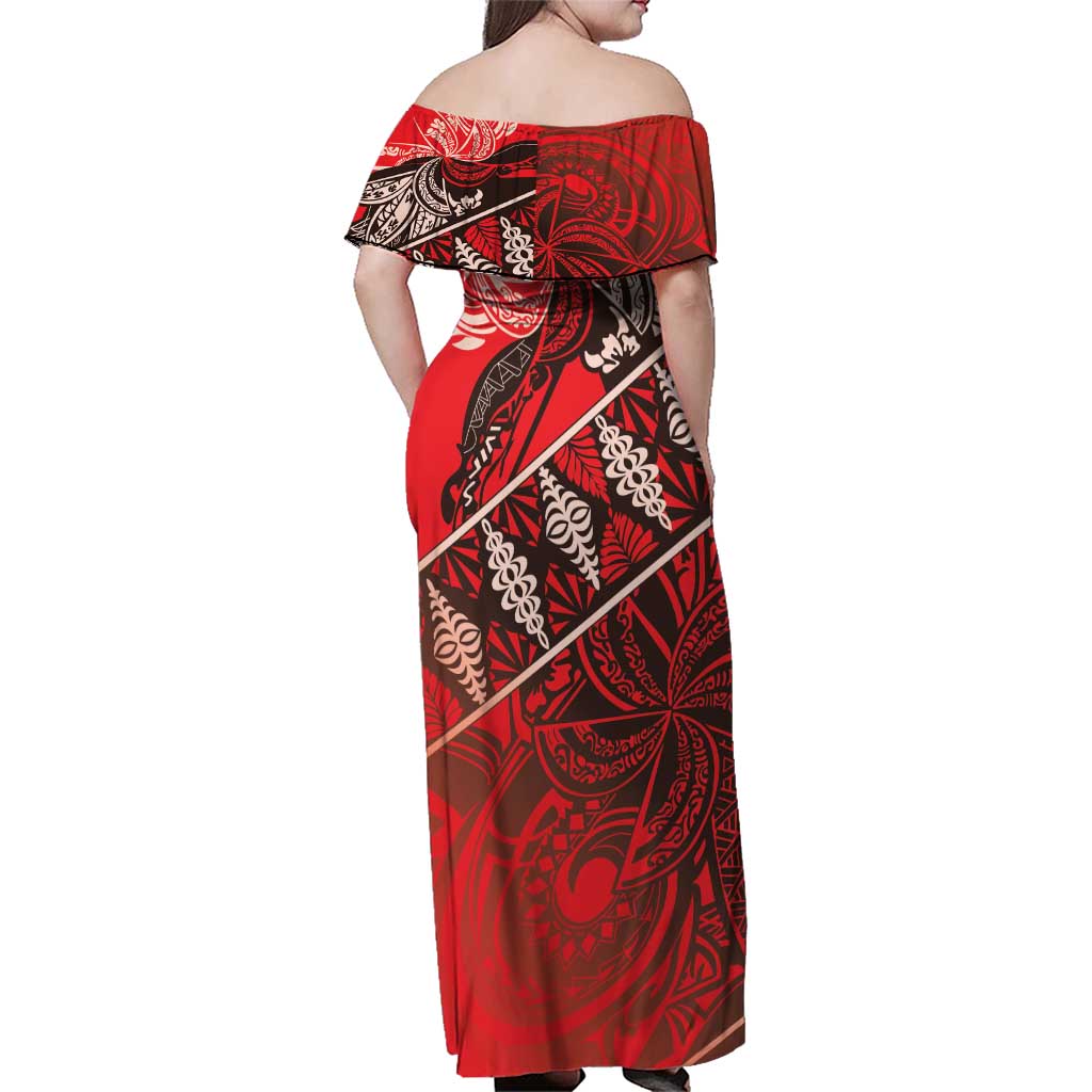 Vintage Ngatu Tribal Tonga Pattern Family Matching Off Shoulder Maxi Dress and Hawaiian Shirt - Polynesian Pride