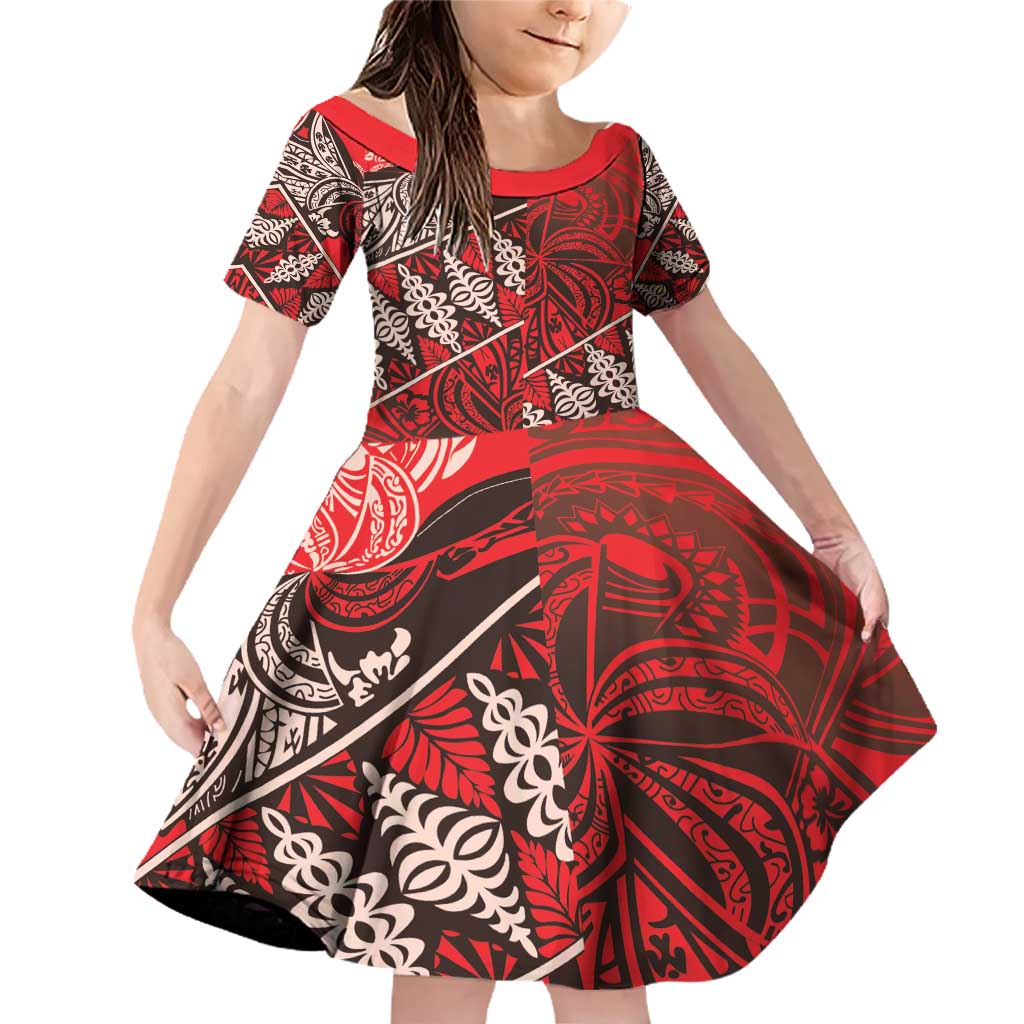 Vintage Ngatu Tribal Tonga Pattern Family Matching Off Shoulder Short Dress and Hawaiian Shirt - Polynesian Pride