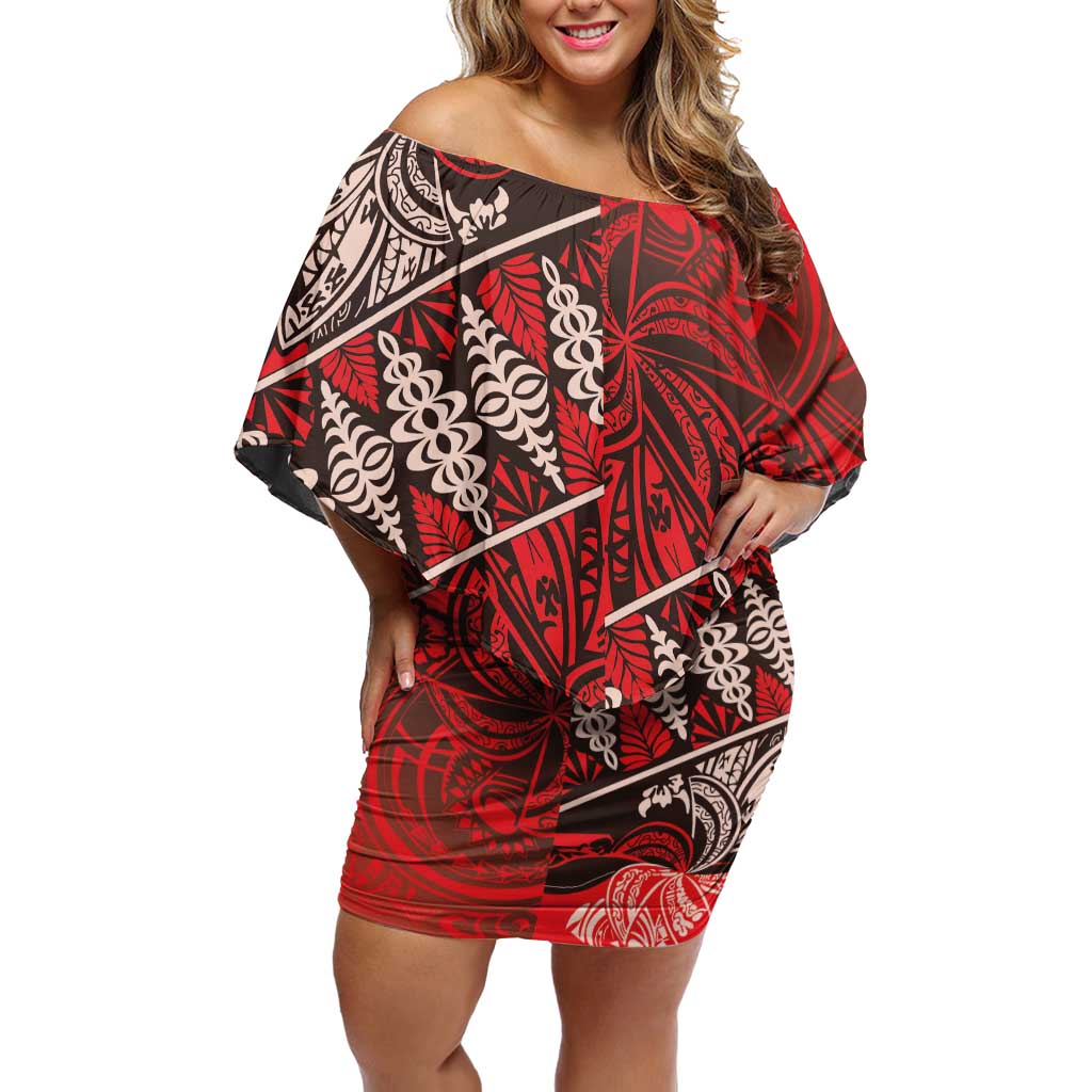 Vintage Ngatu Tribal Tonga Pattern Family Matching Off Shoulder Short Dress and Hawaiian Shirt - Polynesian Pride