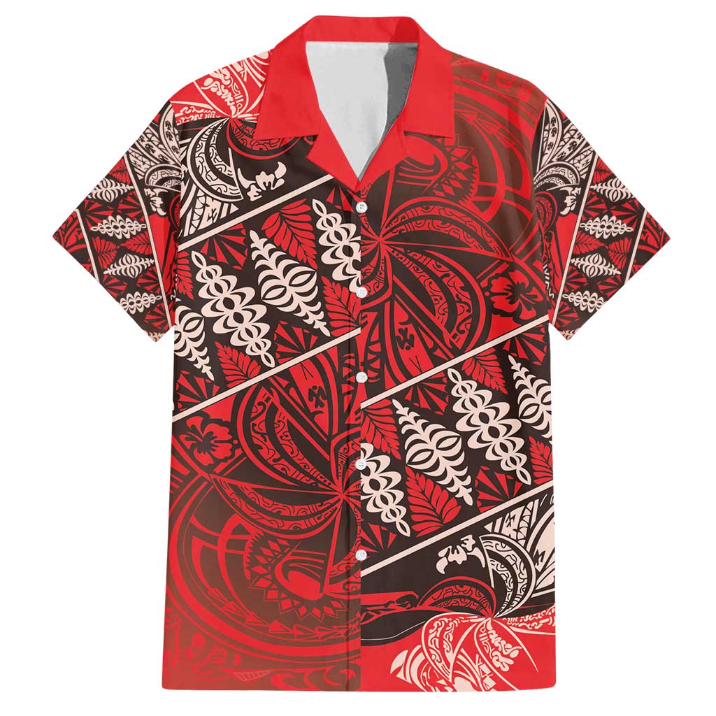 Vintage Ngatu Tribal Tonga Pattern Family Matching Puletasi and Hawaiian Shirt LT9 Dad's Shirt - Short Sleeve Red - Polynesian Pride