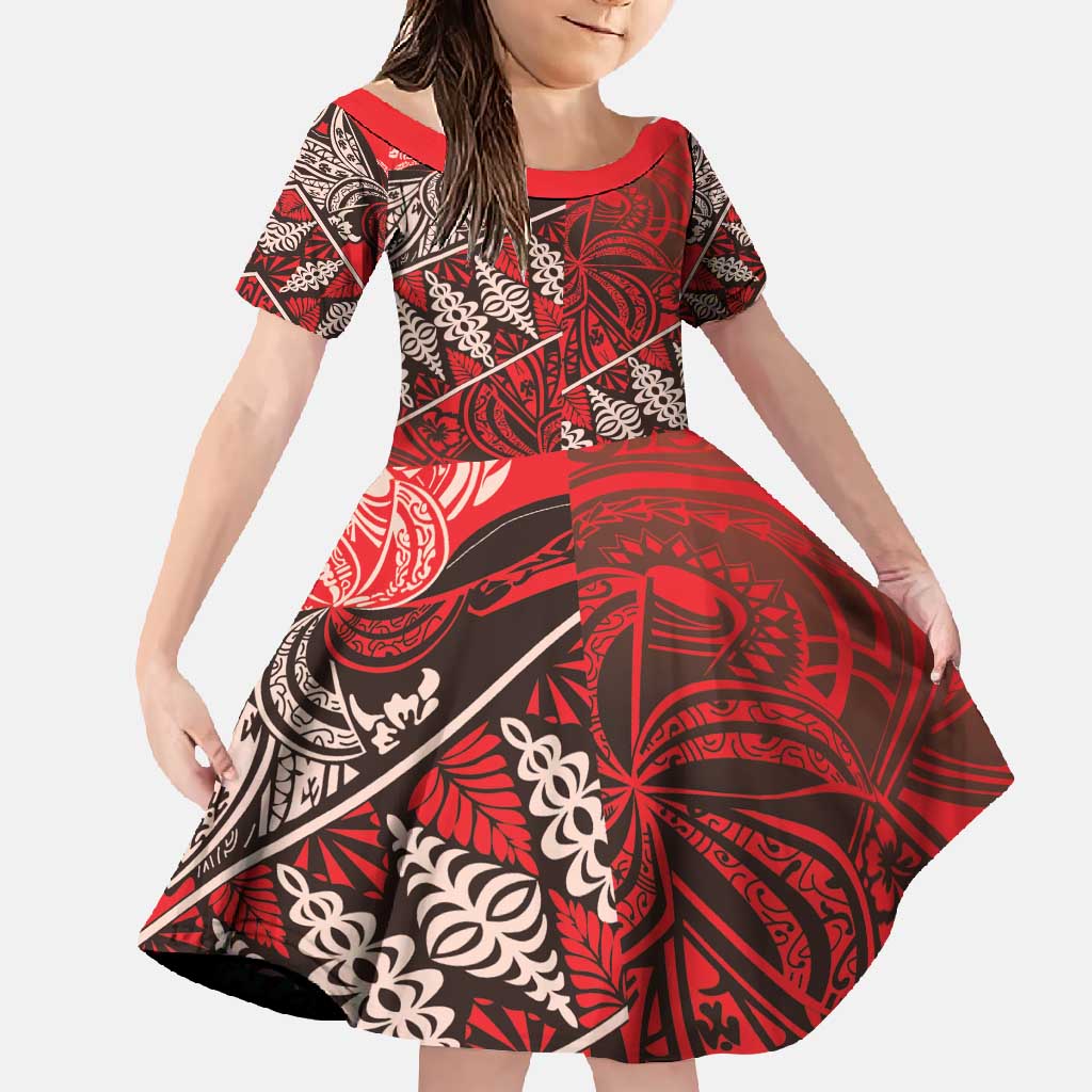 Vintage Ngatu Tribal Tonga Pattern Family Matching Tank Maxi Dress and Hawaiian Shirt LT9 Daughter's Dress Red - Polynesian Pride