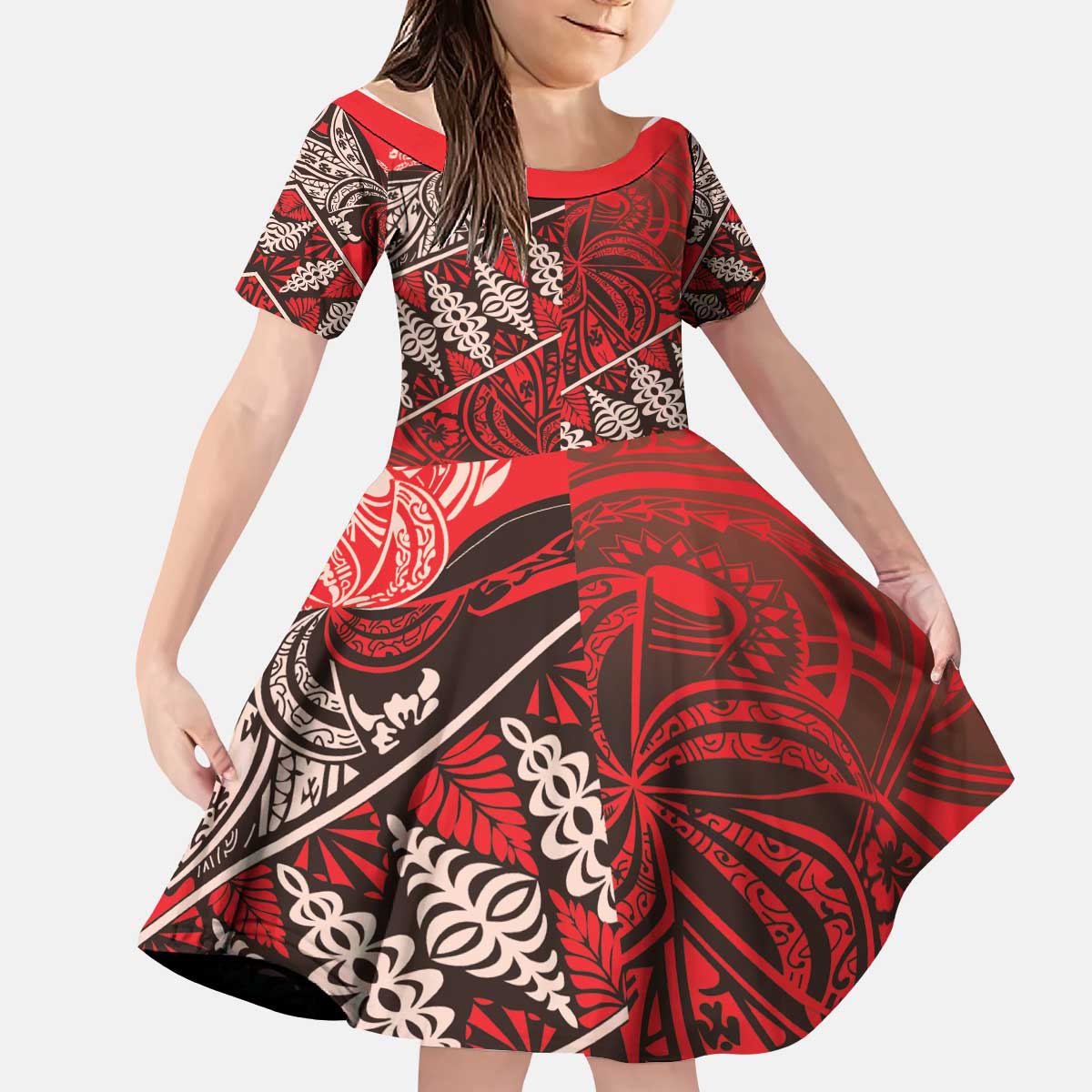 Vintage Ngatu Tribal Tonga Pattern Kid Short Sleeve Dress LT9 KID Red - Polynesian Pride
