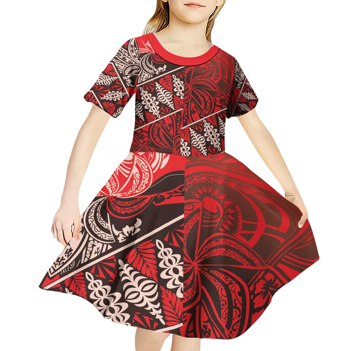 Vintage Ngatu Tribal Tonga Pattern Kid Short Sleeve Dress LT9 - Polynesian Pride