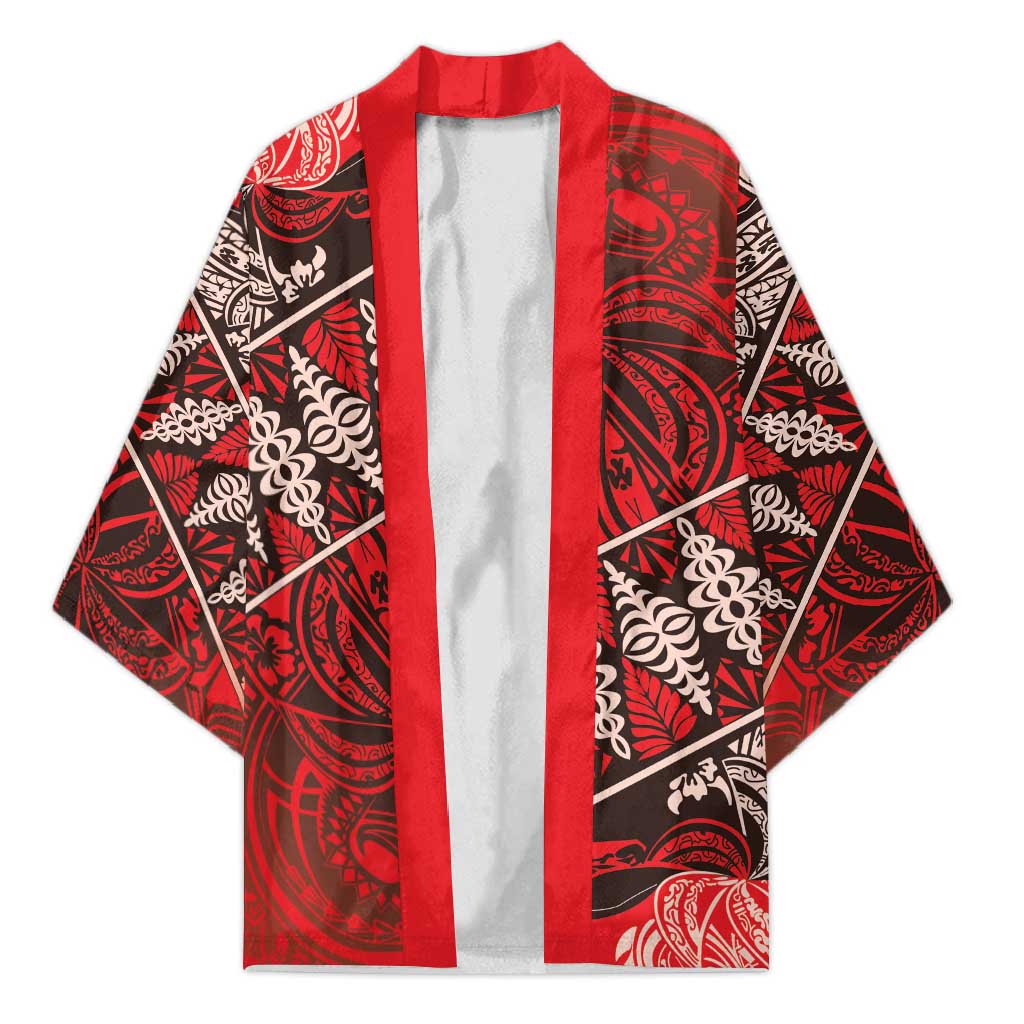 Vintage Ngatu Tribal Tonga Pattern Kimono LT9 Unisex Red - Polynesian Pride