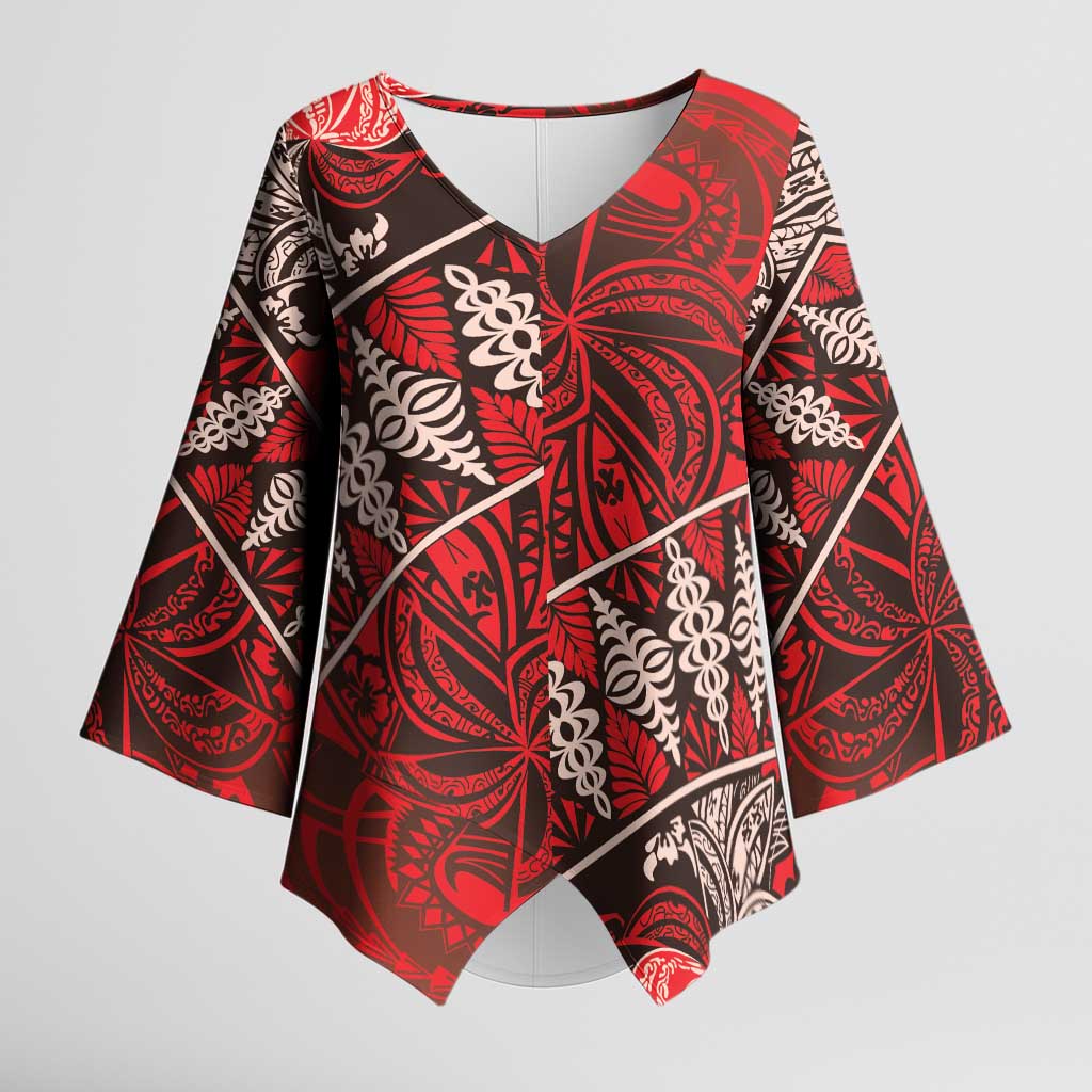 Vintage Ngatu Tribal Tonga Pattern Kimono Sleeve Blouse LT9 Female Red - Polynesian Pride
