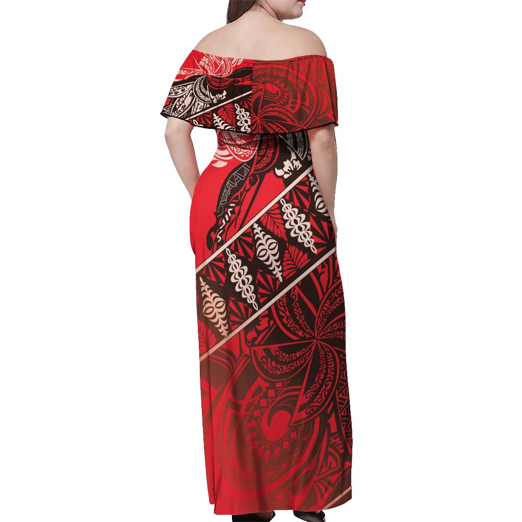 Vintage Ngatu Tribal Tonga Pattern Off Shoulder Maxi Dress - Polynesian Pride