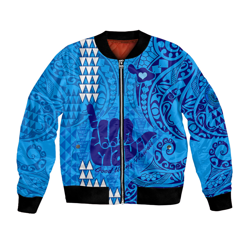 Strong Maui Bomber Jacket Good Living Hawaii with Shaka Sign Kakau Tribal Blue LT9 Unisex Blue - Polynesian Pride